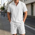 thumbnail image 2 of Uwinwear Men's Linen Casual 2 Piece Outfit Mock Neck Short Sleeve Shirt and Side Button Shorts Set Casual 2 Piece Summer Outfit,White,XL, 2 of 6