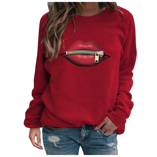 Sudadera con cuello redondo y manga larga con estampado gráfico de labios y cremallera para mujer Fridja bvmnju7046