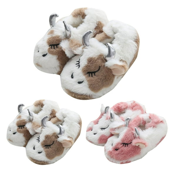 Dakaela Kids Cow Slippers Toddler Boys Girls Plush Slip on House Slippers Soft Cute Animal Winter Fuzzy Indoor Outdoor Shoes Beige 11