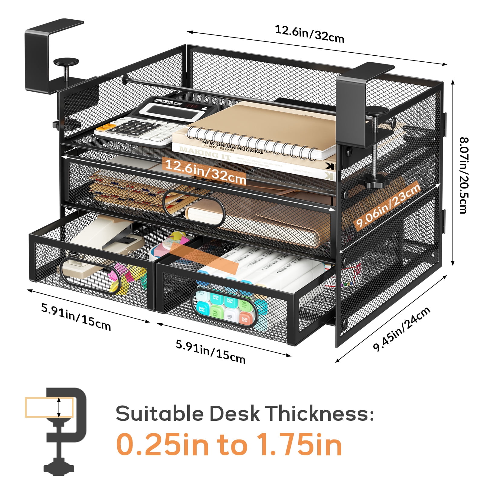 Under Desk Drawer Organizer, Large Under Desk Storage Side Drawers for Home & Office, L12.9xW9.6xH8.1 Drill-Free Clamp-on Installation for Small Space, Spacious Storage for Office Supplies, Papers