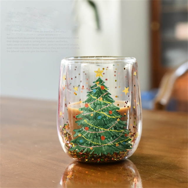 Glass Coffee Mug Cute Christmas Tree Design 380ml for Milk Beverage Holiday Christmas Tree Decoration Durable Glassware