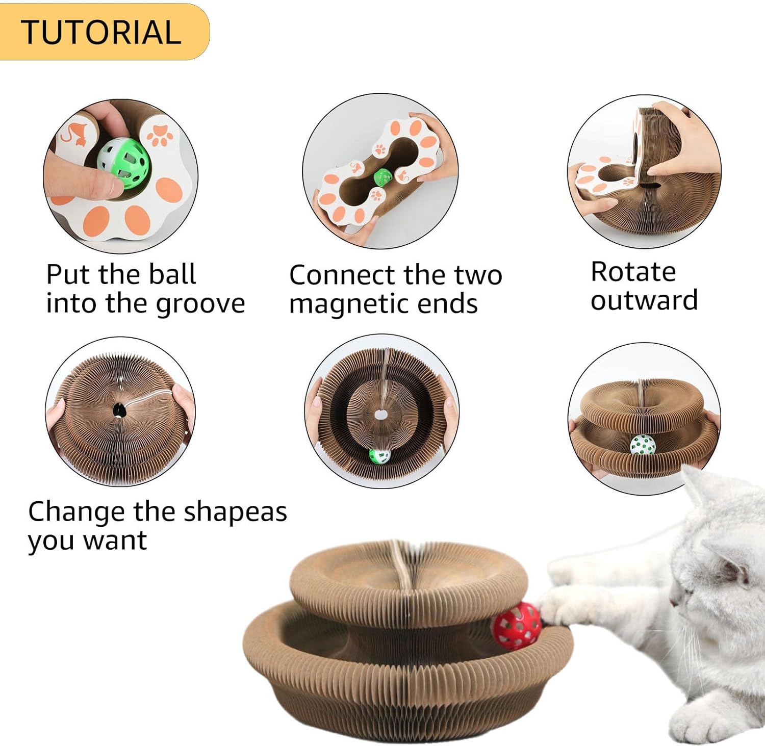 THBN Cat Toy, Magic Organ Cat Scratch Board, Compact Cats Accordion Toy, Interactive Cardboard Cat Scratcher Pad Toys with Bell Ball for Indoor Exercise