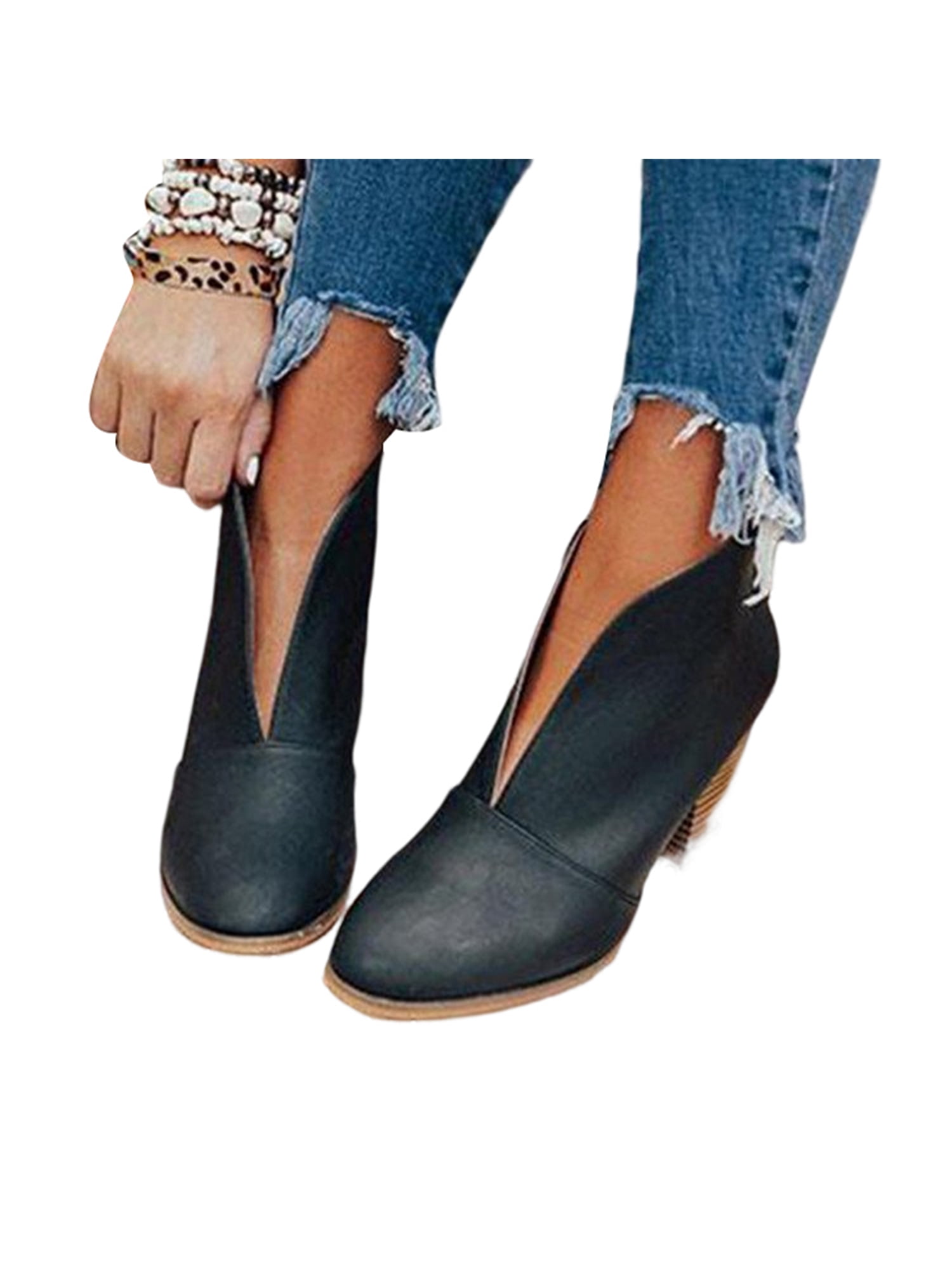 Crocowalk Ladies Stacked Heel Bootie Slip On Boot Vcut Ankle Booties