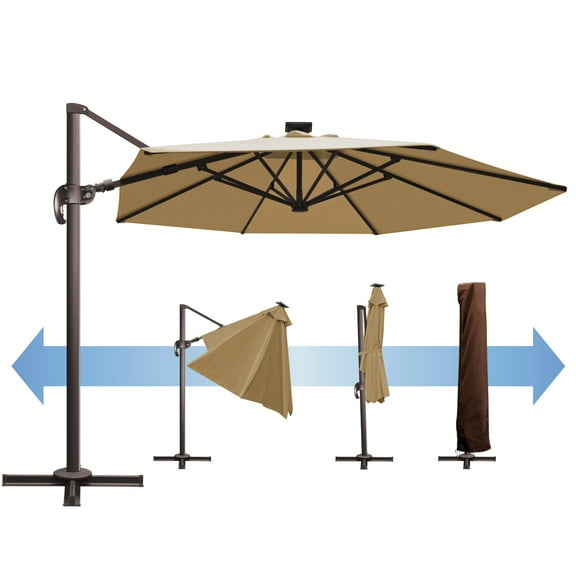 SUNRISEUMBRELLA 11' Deluxe Cantilever Umbrella LED Lighted Umbrella Sunbrella Cover Patio Umbrella Garden Outdoor (Heather Beige)