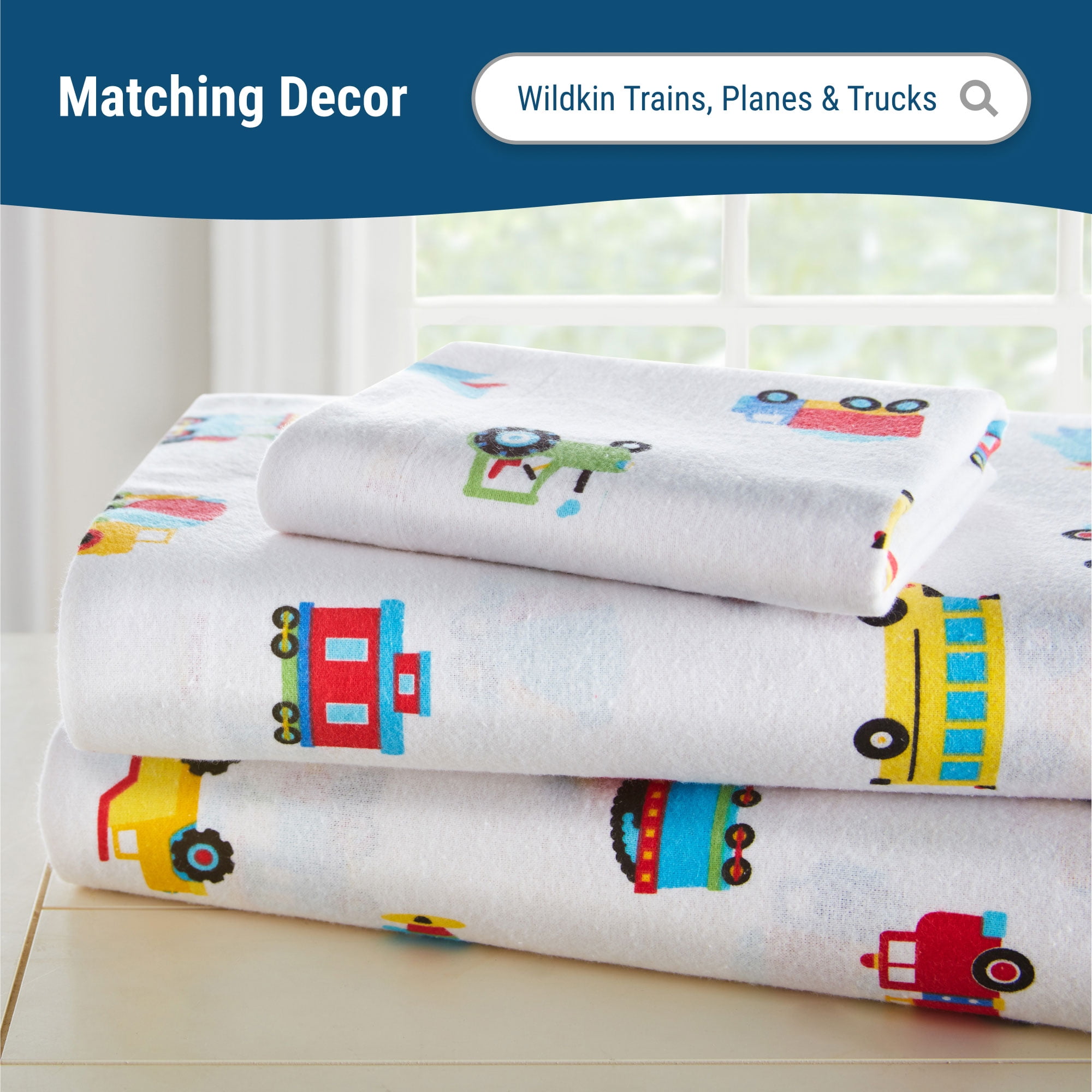 Wildkin Kids 100% Cotton Flannel Fitted Crib Sheet for Boys and Girls (Trains, Planes & Trucks Blue)