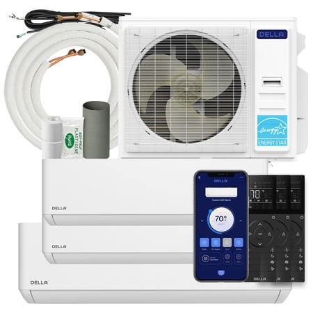 DELLA 36K BTU 3-Zone (2x9K+12K) Soft Airflow Mini Split AC, -22? Ultra Hyper Heat, 25 SEER2 Energy Star, Up to 1350 Sq.Ft, Smart WiFi Alexa, Multi Zone Ductless Inverter Heat Pump, 230V, 16ft Kits