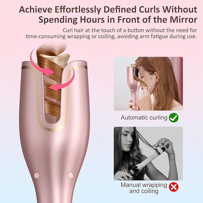 RKXQT Automatic Curling Iron, Hair Curler 1" Large Slot, 4 Temperature Settings, 12s-19s Timers, Dual Voltage, Anti-Scald, Anti-Tangle, Auto Shut-Off, LCD Display, Fast Heating Easy for Use, Pink