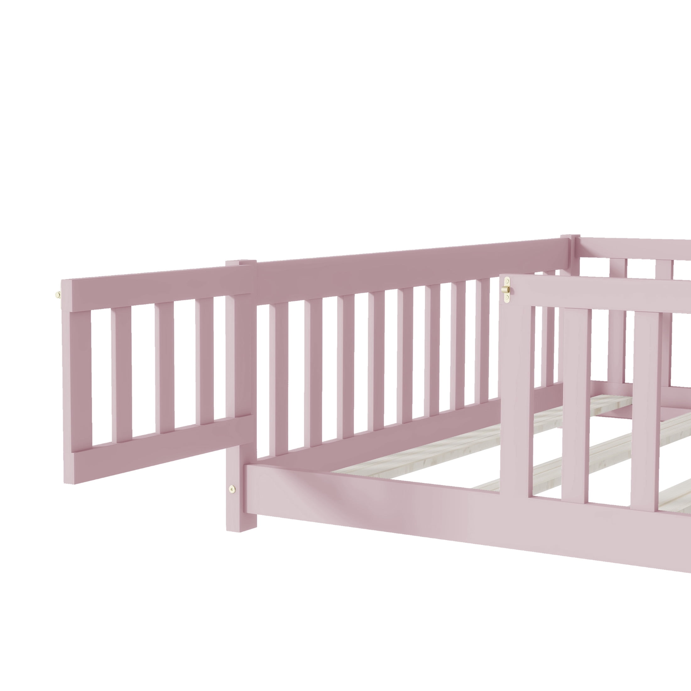 Noble House Mira Full Floor Bed with Fence and Door, Sturdy Rubber Wood Montessori Bed Frame, Kid's Room, Pink
