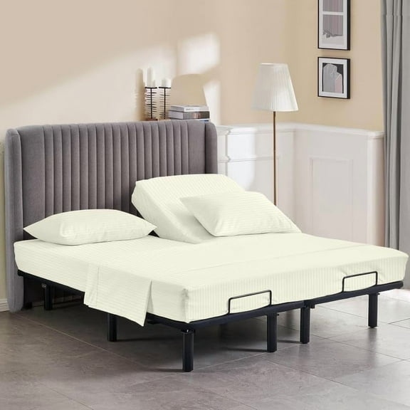 California King Size 32" Split Top Flex Head 4-PCs Sheet Set Fits 25-30" Deep Pocket, 500-TC Egyptian Cotton (Stripe, Ivory)