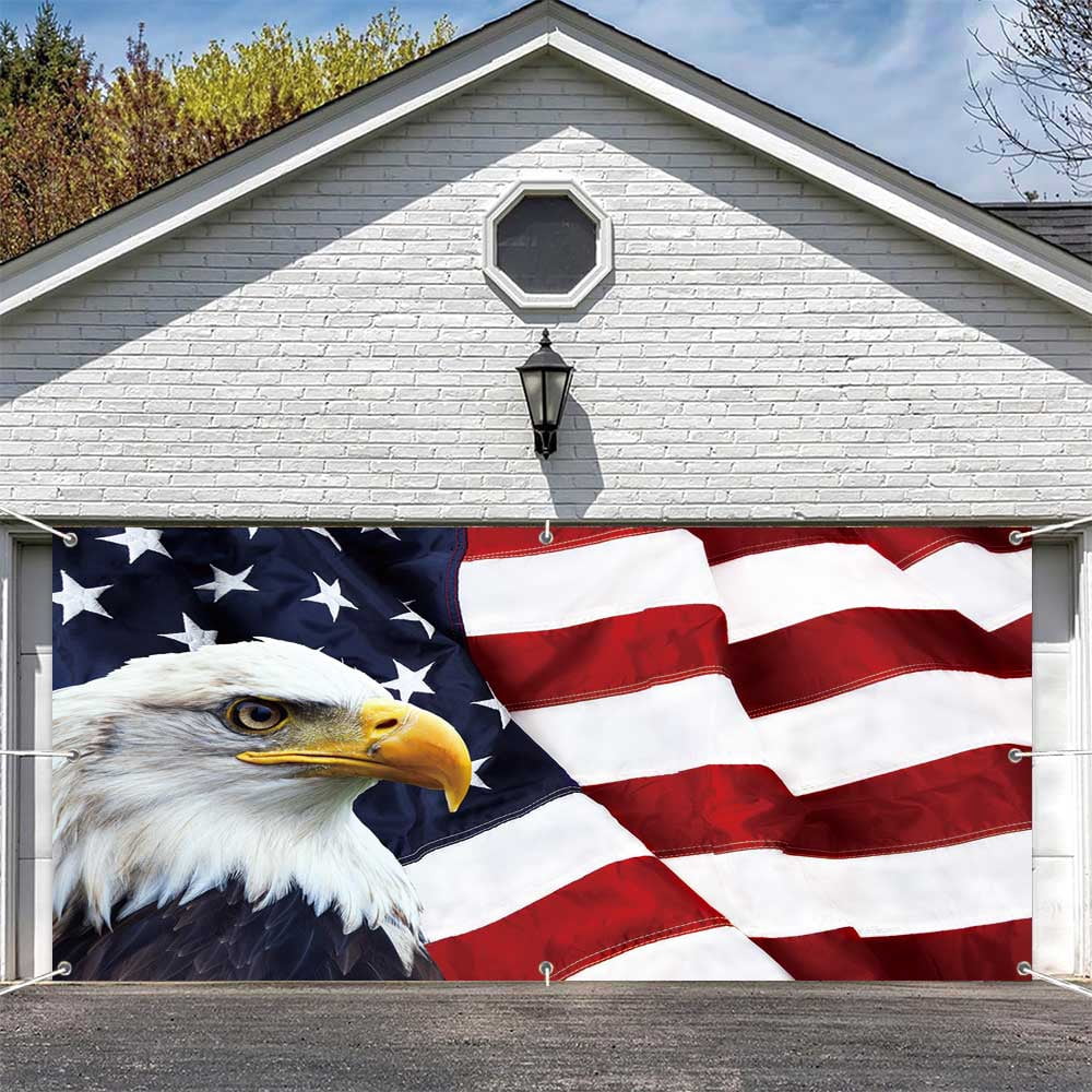 Fourth of July Garage Door Cover Banner Decorations,Patriotic American Flag Picture Patriotic Happy 4th 4 of July Memorial Day Outdoor Car Garage Door Decorations 13 X 6 Ft