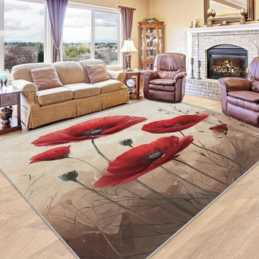 Poppy Rug Washable Red Floral Rugs For Living Room Bedroom, Botanical Flower Area Rug For Home Decor, Non Slip Backing Floor Carpet 1x2ft