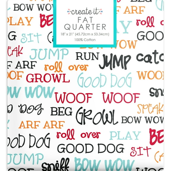 Create It 18"x21" 100% Cotton Dog Words Precut Sewing & Craft Fabric, White 1 Piece