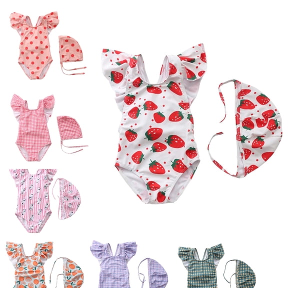 HAOTAGS Baby Girl One-Piece Swim Suit,Beach Dress Quick-drying Pool Snap Romper Printed Swim Bonnet White 4