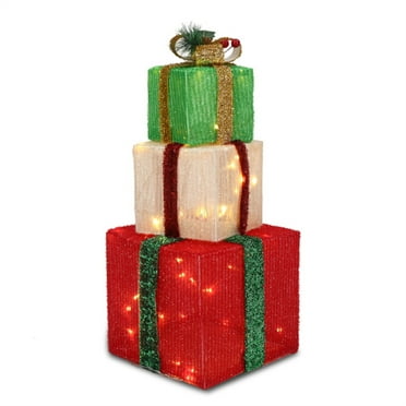 Set of 3 Lighted Gift Boxes,Christmas Decorations with Bows,LED Light Red Green and Yellow Present Boxes for Outdoor,Indoor,Holiday,Party,Christmas,Home,Yard,Ornament