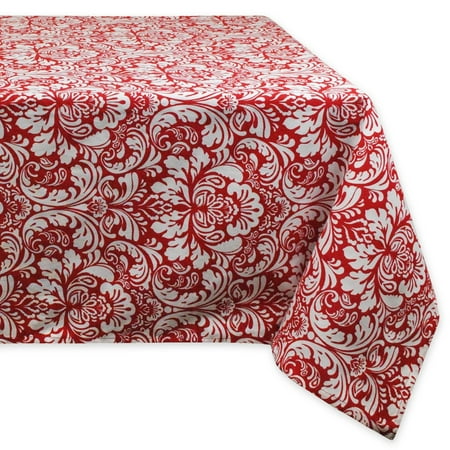 

84 Tango Red and Snow White Floral Damask Pattern Round Table Cloth