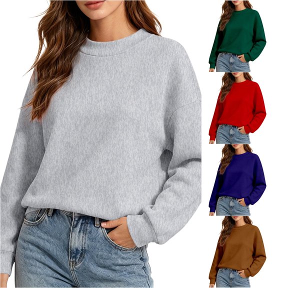 DHFJKG Women's Cropped Sweatshirt Loose Fit Drop Shoulder Solid Color Long Sleeve Crew Neck Pullover Tops
