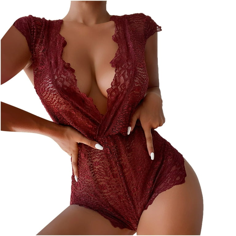 V-Neck Lingerie One Piece Lace Bodysuit Shapewear See Through Lingerie  Floral Lace Babydoll Sexy Lingerie for Women