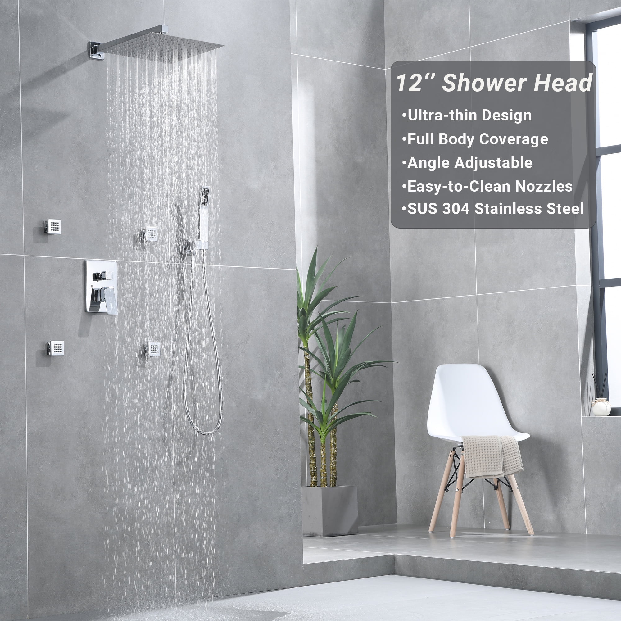 Shower System with 12-Inch Rain Shower Head wand 4pcs Body Jets