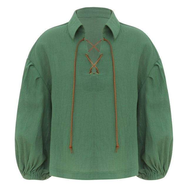 Linjinx Chemise Médiévale Pirate pour Garçons Enfants Rétro Renaissance Viking Manches Longues Lacets Mercenaire Écossais Vert Armée TG