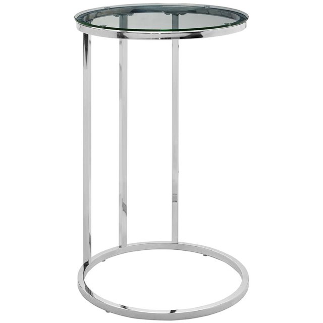 Table Ronde en C de 16 Pouces avec Plateau en Verre Transparent et Base Chromée