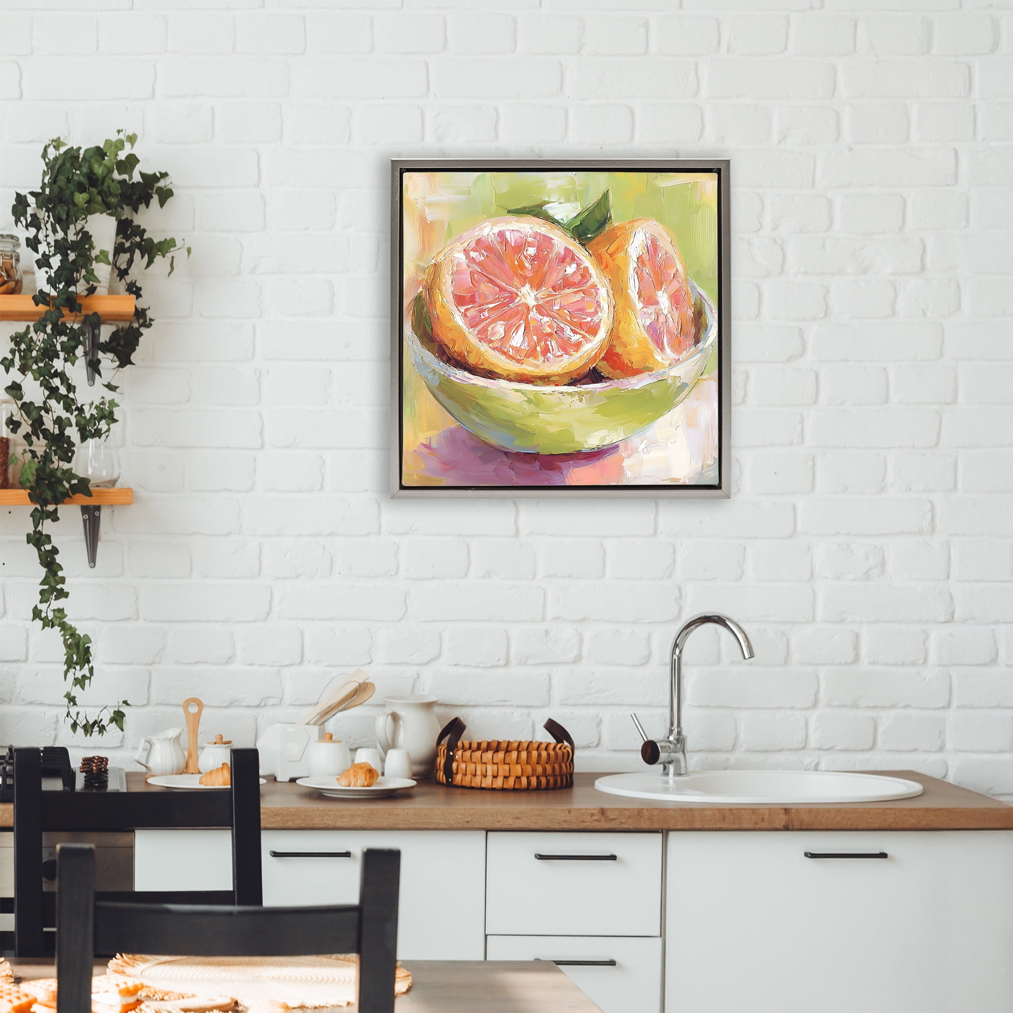 Stupell Industries Sliced Grapefruit in Bowl Gray Framed Floater Canvas Wall Art, design by Riley B