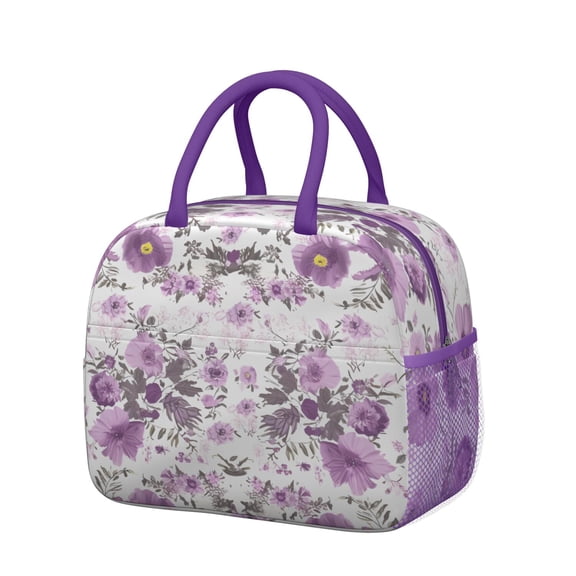 Lunch Bag Lunch Box for Women Reusable Insulated Lunch Cooler Bags,Large Capacity for Work Travel Picnic,Water-Resistant Botanical Leaves Floral Lunch Tote Bag Gifts for Woman Mom Purple
