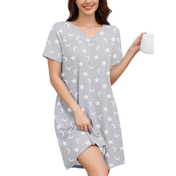 Chiclily Women's Nightgown Short Sleeve Nightshirt Comfy Sleepwear V-Neck MuMu Dress with Pockets, White Stars Size L