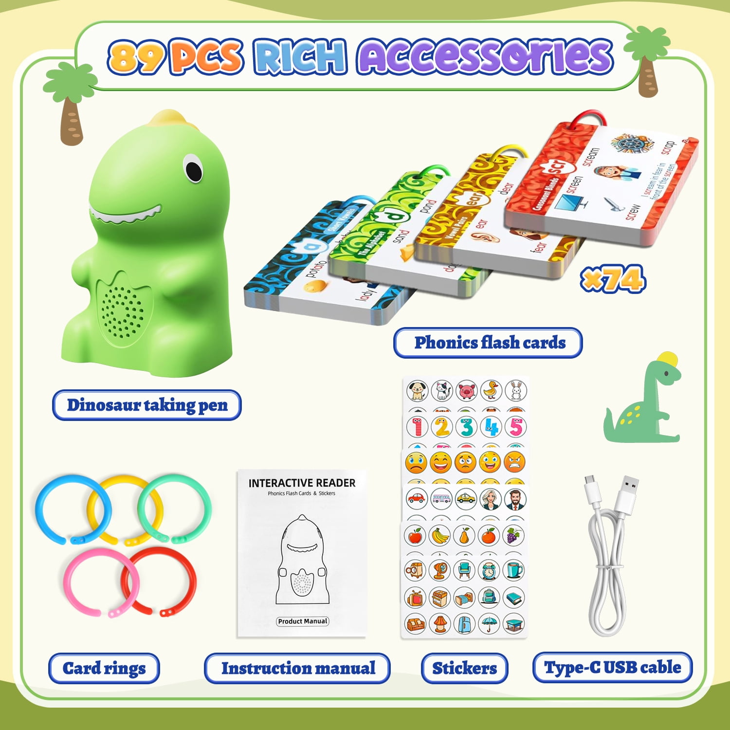 Flooyes Dinosaur Talking Pen With Phonics Cards, Montessori Toys ABC 123 Learning Set For Kids 36M+