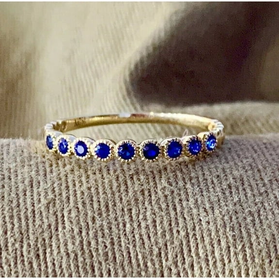 Round Cut Blue Sapphire Half Eternity Band Ring 14K Yellow Gold Over