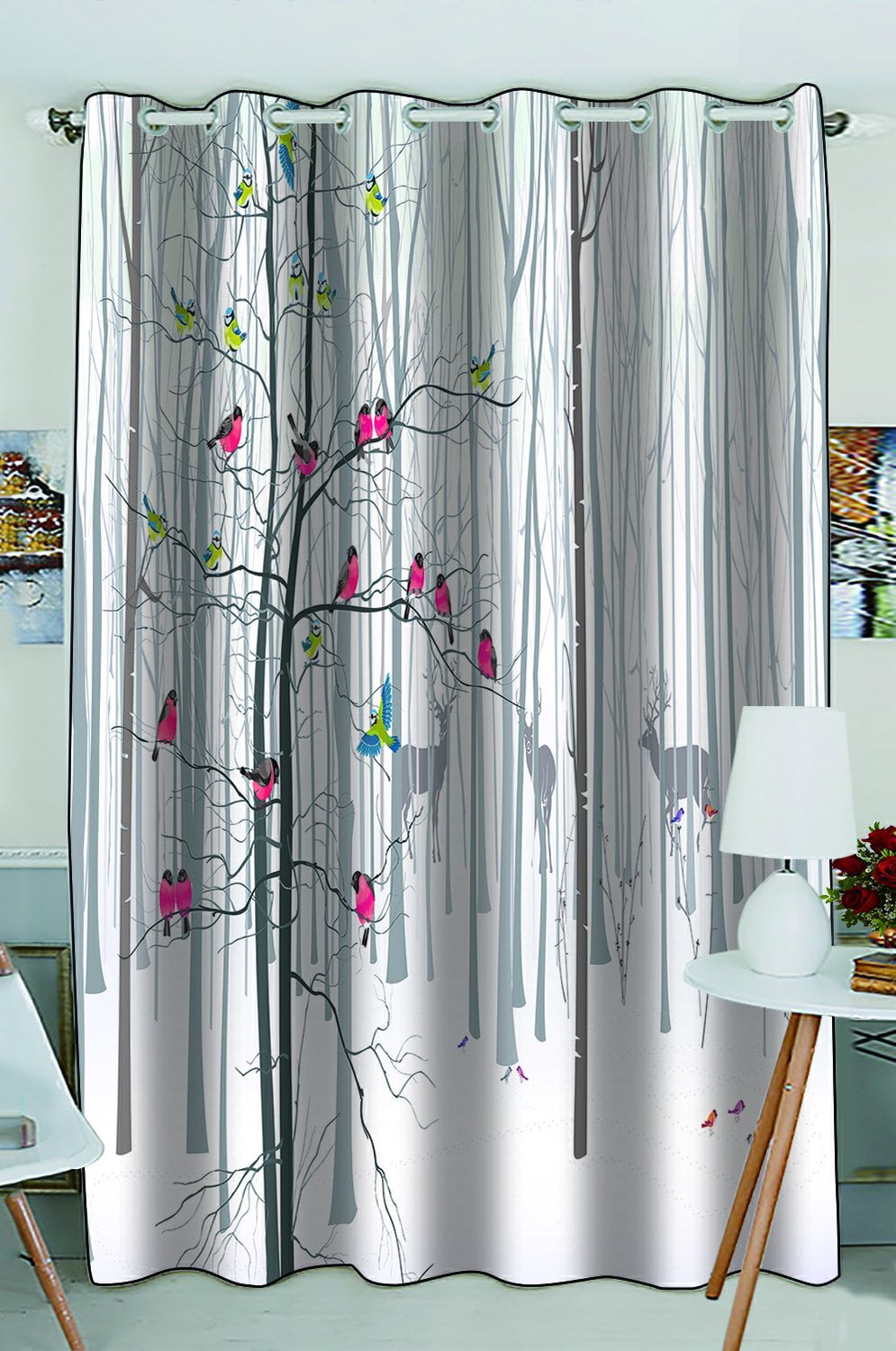 Phfzk Landscape Nature Scenery Window Curtain, Birds And Deer In Winter