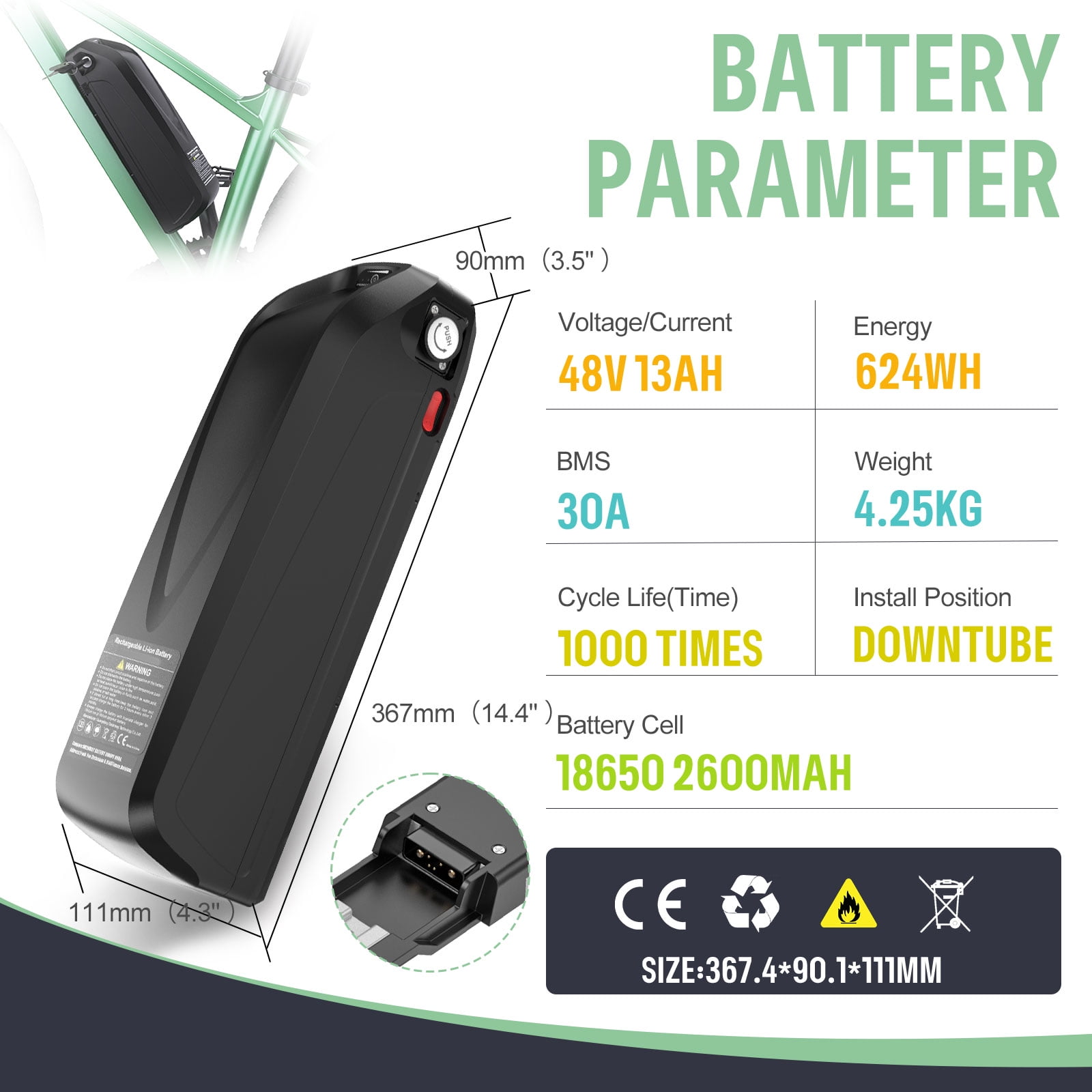Accolmile 48V 13Ah Ebike Battery Lithium Downtube Batteries with USB Port XT60 Connector 30A BMS for 200-1000W Bafang Motor