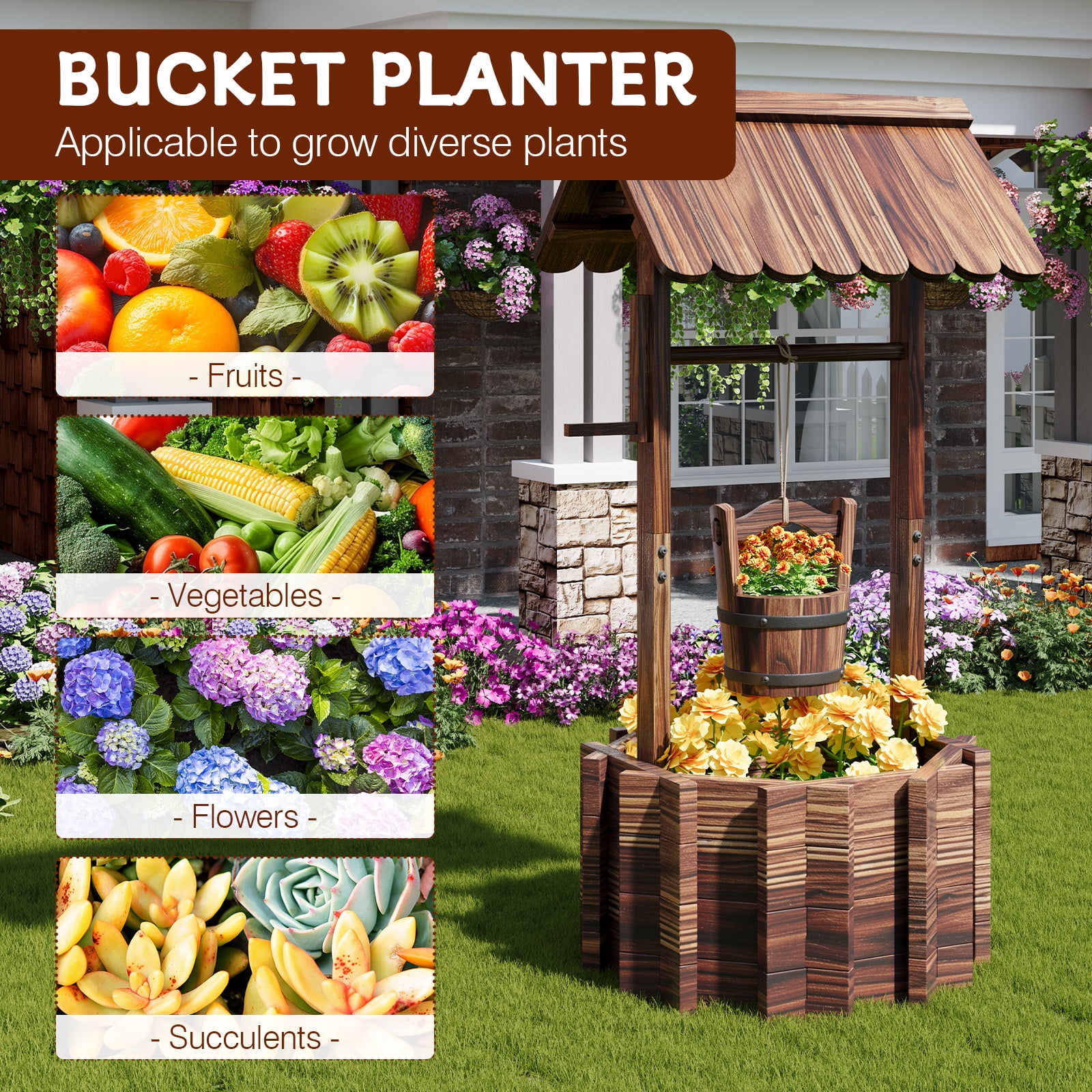 BaPiPro Wood Wishing Well Planter with Hanging Bucket for Flower and Plants, Brown, 22 In
