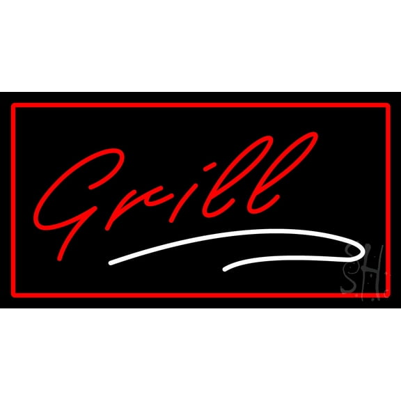 Grill Red Border LED Neon Sign 13 x 24 - inches, Clear Edge Cut Acrylic Backing, with Dimmer - Bright and Premium built indoor LED Neon Sign for restaurant window and interior decor.