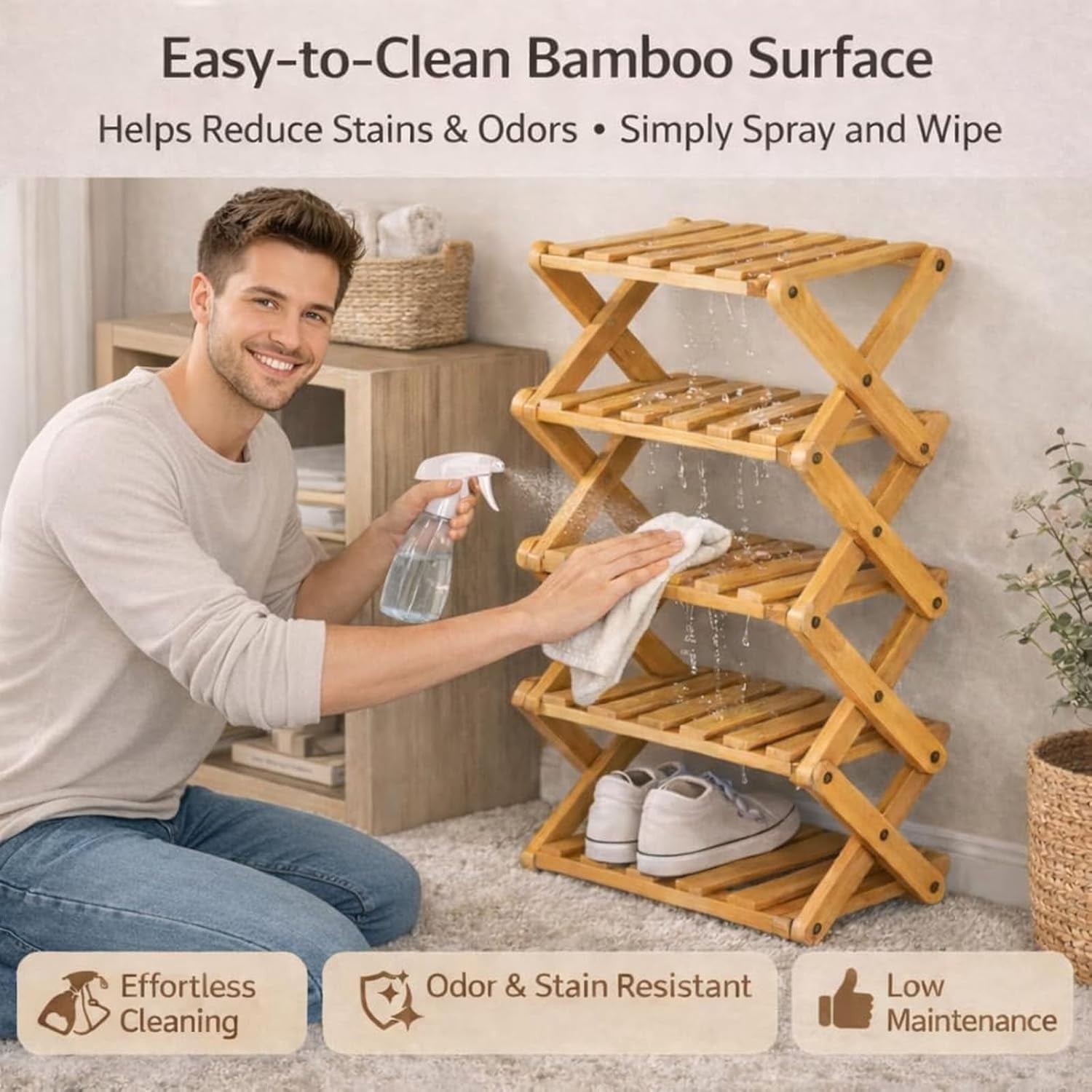 Bamboo Shoe Storage Rack – Foldable Shoe Rack for Small Spaces, Narrow Shoe Shelf for Entryway, Closet and Bedroom