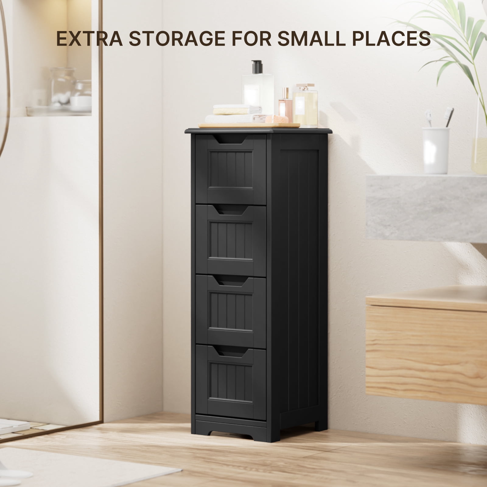 Noelse Bathroom Floor Cabinet Wooden Storage Cabinet with 4 Drawers Free-Standing Cabinet for Hallway Living Room and Bathroom, Black