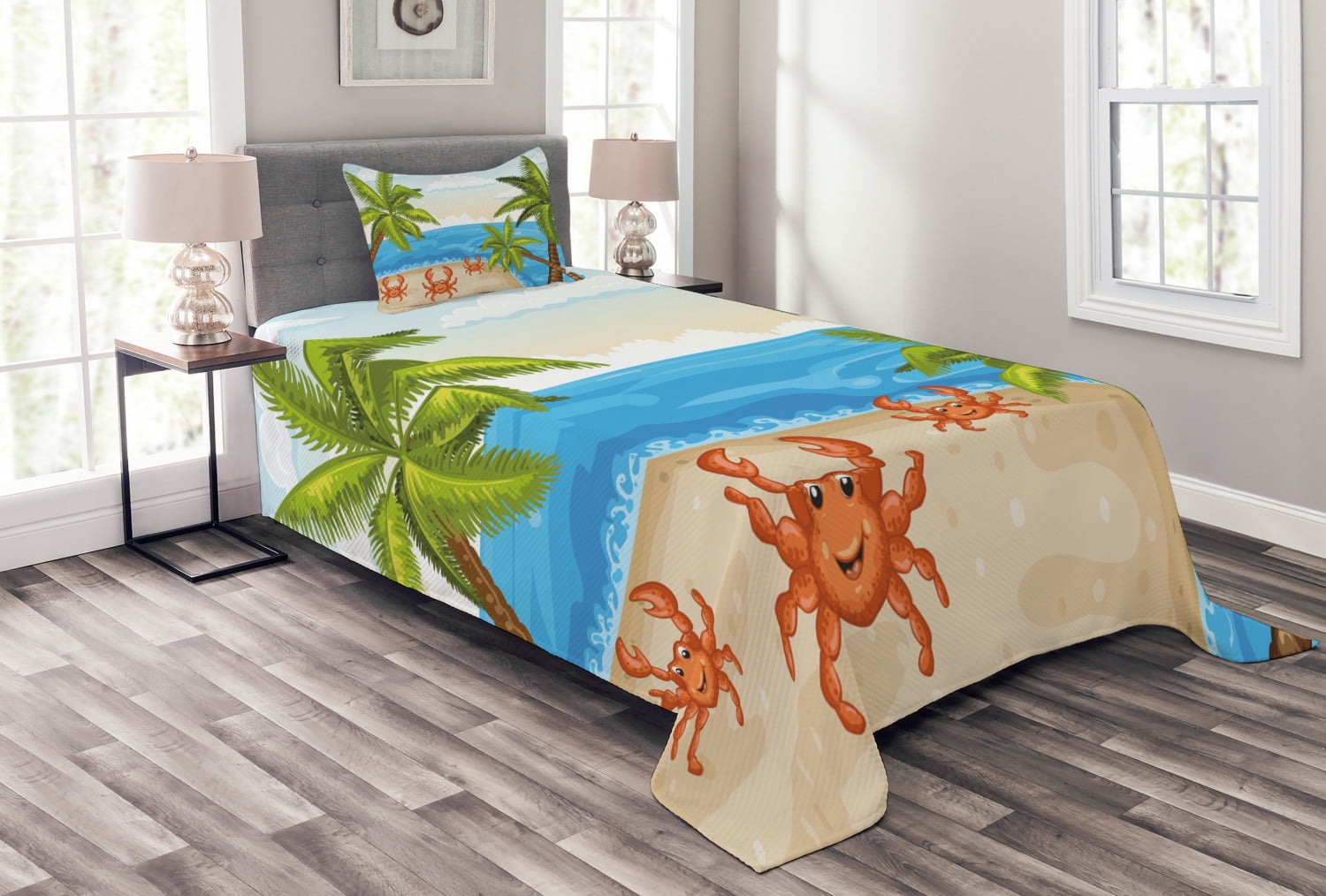 Details about   Cartoon Quilted Bedspread & Pillow Shams Set Palm Trees and Crabs Print 
