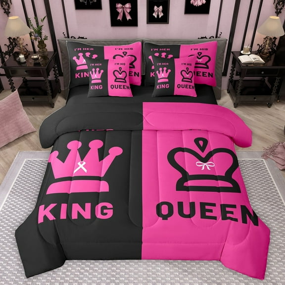Castle Fairy King And Queen Crown Twin Bedding Sets 7-Piece for Female Men Women,Happy Valentine's Day Bedding Comforter Set Microfiber,Black Pink Breathable Sheet Sets,Microfiber Bedroom Decor