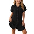thumbnail image 2 of PiGOGI Girls Short Sleeve Button Down Shirt Dress Pocket Casual Long Top Solid Color Soft Summer Dress Black 3Years, 2 of 9