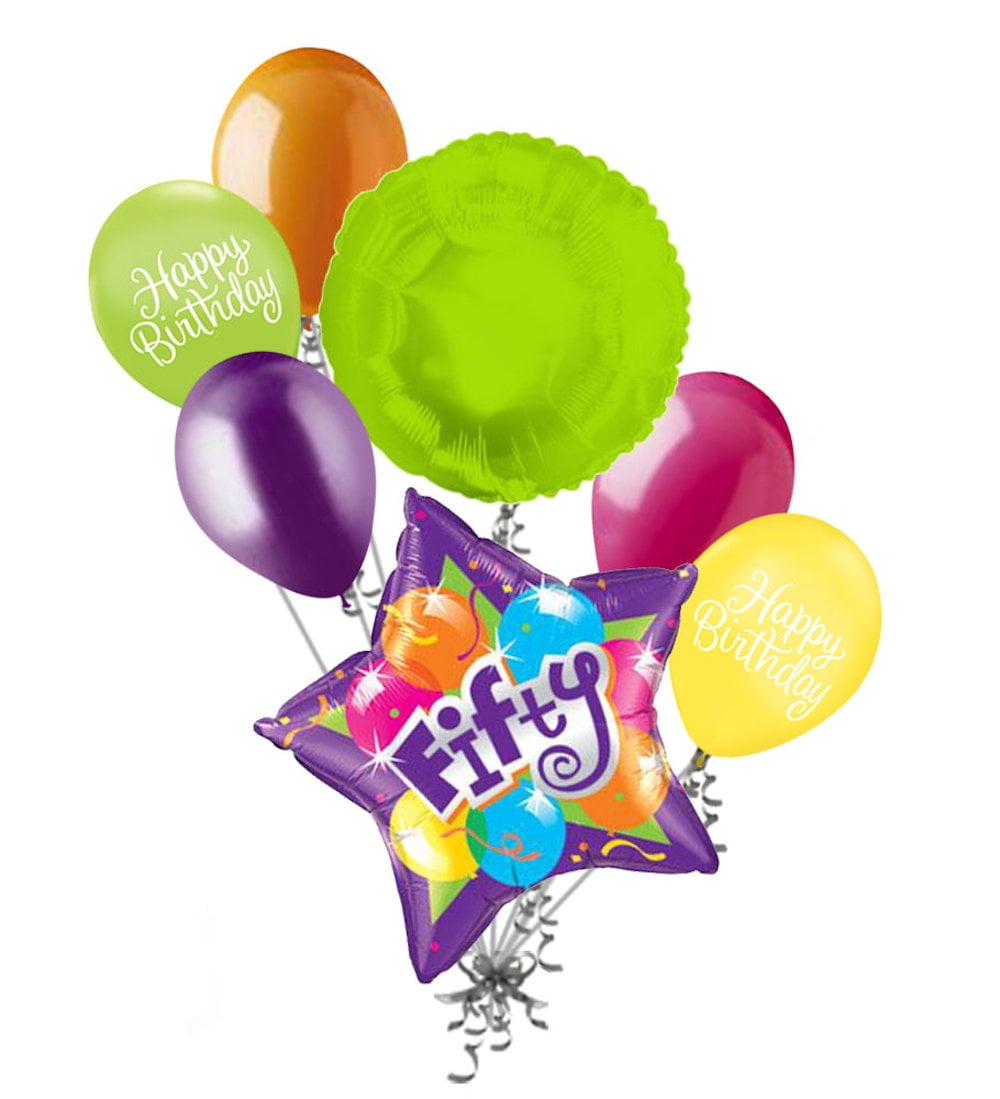 7 pc Bright & Bold 50th Happy Birthday Balloon Bouquet Purple Star Party Decor