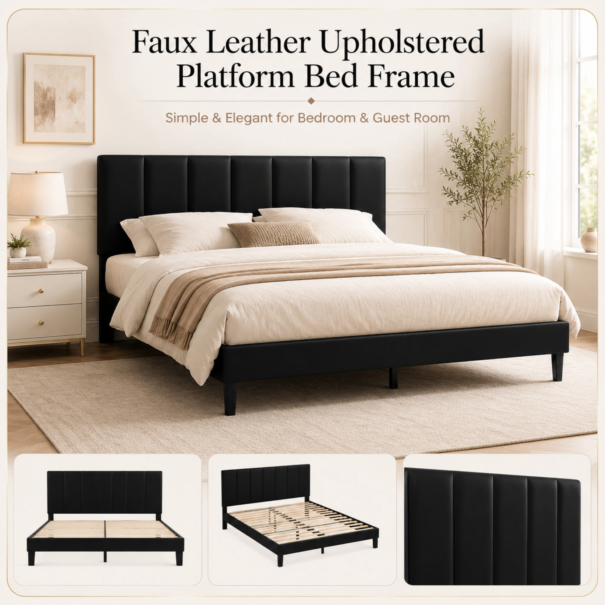 BSHTI Full Size Faux Leather Upholstered Platform Bed Frame with Adjustable Headboard, Wood Slats, No Box Spring Needed for Bedroom（Black）