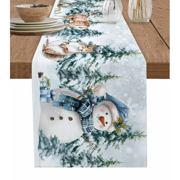 Christmas Snowman Table Runner 90 Inches, Grey Snowflake Xmas Forest Bed Runner Dresser Scarves Tabletop for Indoor Outdoor Parties/Ceremony/Banquet, 13" x 90"