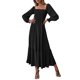 thumbnail image 5 of Vestido de manga larga con cuello cuadrado color sólido vestido de cintura alta para mujer traje de vacaciones, 5 of 8
