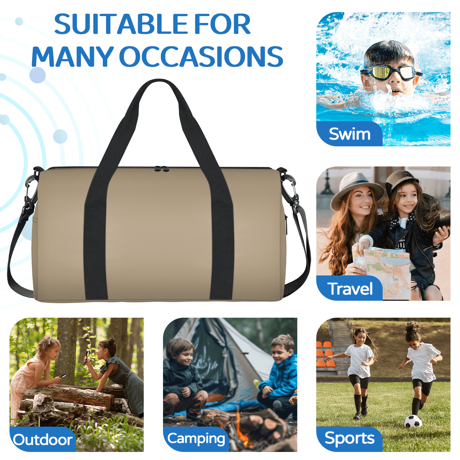 Herdesigns Tan Travel Duffle Bag Sports Yoga Weekender Overnight Carry on Workout Bags Lightweight Waterproof Gym Tote Bag for Women
