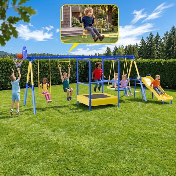 Gardwin Metal Swing Sets with Trampoline,Heavy-Duty Outdoor Swing sets for Backyard,Playground,Outside Toys with Saucer Swing,Wave Slide,Belt Swing,Trapeze Bar,Basketball Hoop for 7 Kids Aged 3-12