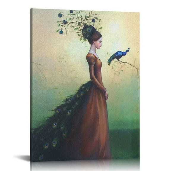 Acheng Beauty and Birds in Her Hair Woman and Peacock Illustration,Canvas Wall Art Canvas Prints Home Decor Frame 12x16 in