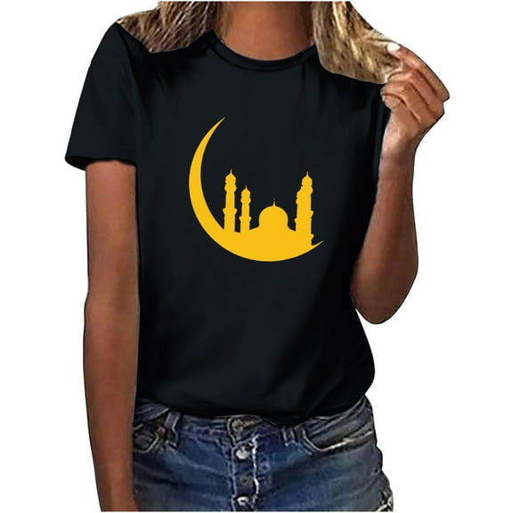 Penkiiy Happy Ramadan Tops Blouse for Women Women's Graphic Tees Moon Print Short Sleeve Round Neck T Shirts Tops M Black
