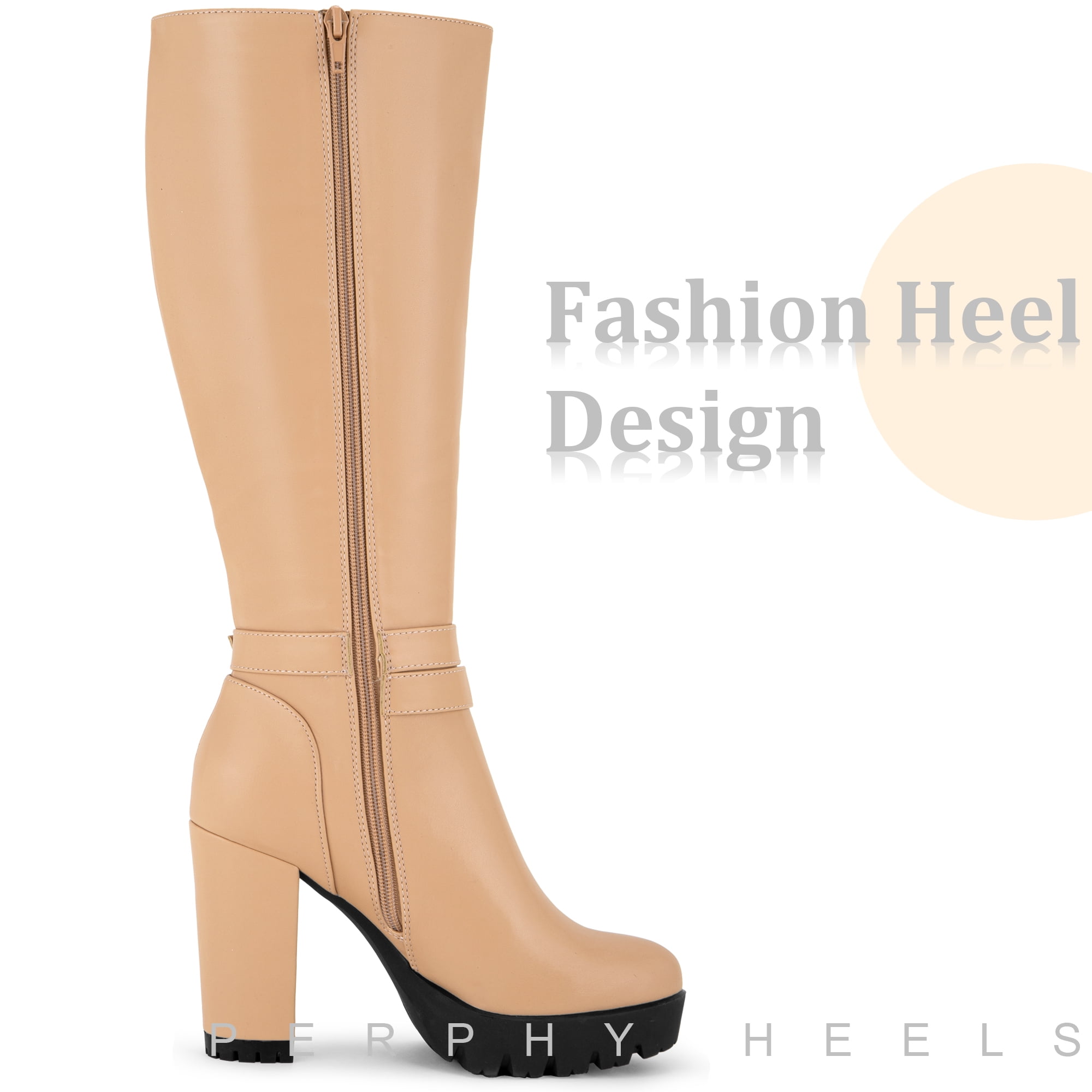 DARING DIVA Women's Round Toe Platform Chunky Heels Knee High Boots Nude 6.5