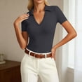 thumbnail image 2 of Daznico Women's Collared V Neck Ribbed Knit Polo Shirt Short Sleeve Casual Fitted Solid Tops,S, 2 of 3