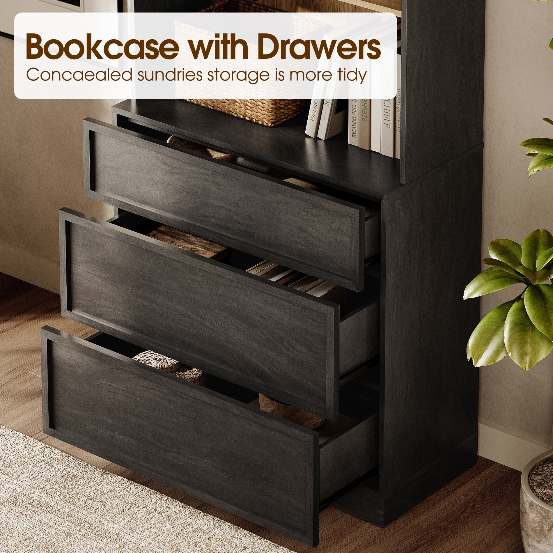 Modern 72" Tall Bookshelf with 3 Drawers and Open Book Shelves,Wood Freestanding Book shelf for Home Office, Living room,Black