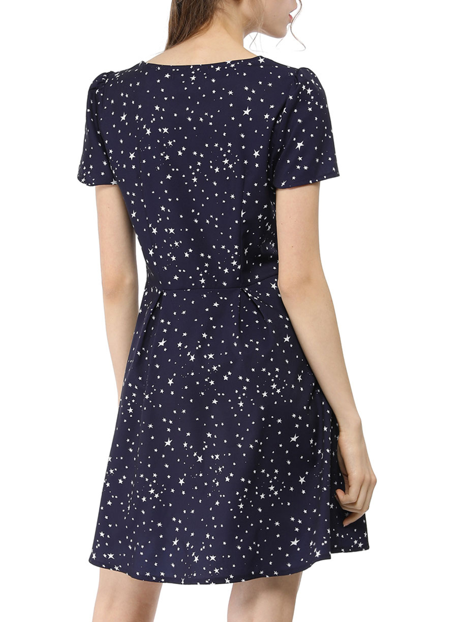 DARING DIVA Square Neck Short Sleeve Print A-Line Dress XS Blue-Stars